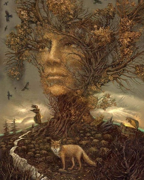 Abstract head on hill that looks like a tree and made from all the creatures. Art: Andrew Ferez